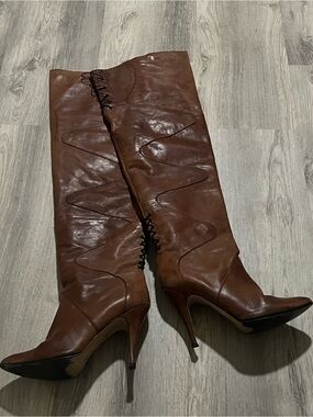 Over-the-Knee Brown Leather Stiletto Boots